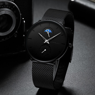 

〖Follure〗High Quality Simple Waterproof Black Stainless Steel Mesh Strap Quartz Watch