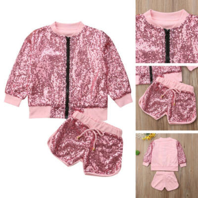 

Sequins Toddler Kids Girls Outfits Clothes 2PCS Zipper Jacket TopsShorts Sets