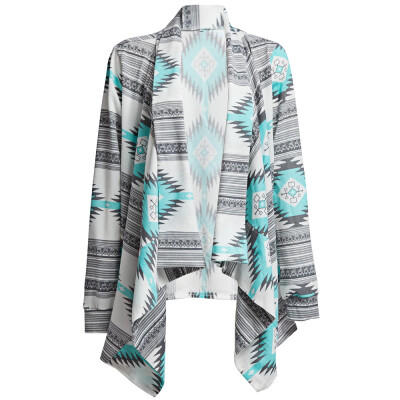 

Stylish Collarless Long Sleeve Tribal Print Asymmetrical Women Cardigan