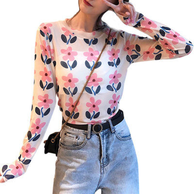 

T-shirt Women Summer Casual Flower Printed Bottom Shirt Long Sleeve T-shirt Female Tops