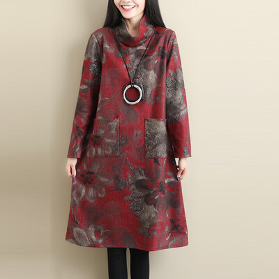 

Tailored Vintage Women Dress Floral Printed With Pockets Long-Sleeve Turtleneck Winter