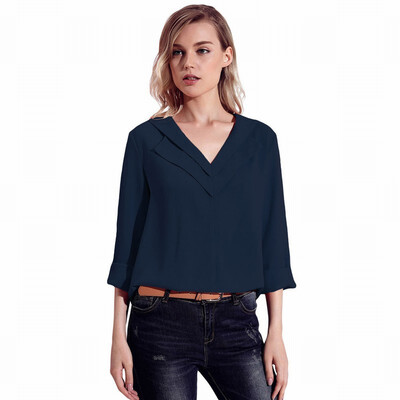 

Shirt womens long-sleeved versatile loose tooling solid color V-neck shirt