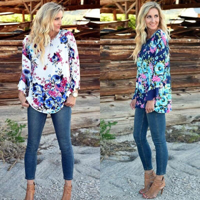 

Elegant Womens Loose Long Sleeve Casual Blouse Shirt Floral Printed Tops