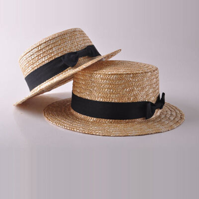 

Womens Kids Girls Straw Bowler Boater Sun Hat Round Flat Caps Brim Summer Beach