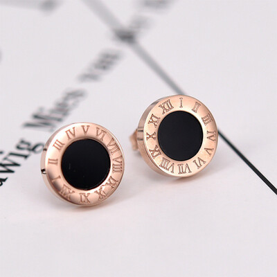 

Rose Gold Stainless Steel Roman Numeral Brand Stud Earrings For Women High Quality Shell Earrings Fashion Jewelry