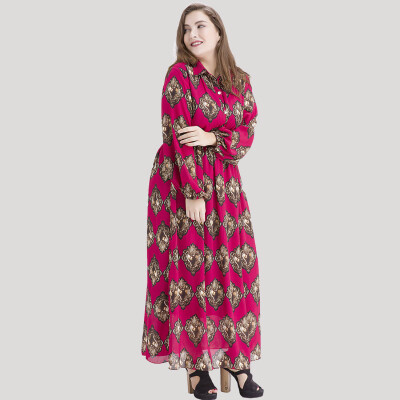 

Bohemian Women Plus Size Chiffon Print Maxi Dress Turn-down Collar Long Sleeve Elastic Waist Long Dress Burgundy