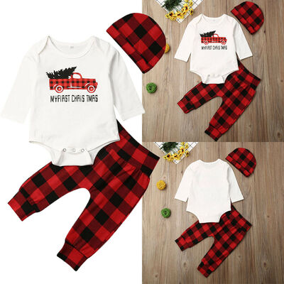 

New Kids Baby Boy Girl First Christmas Clothes Romper Pants Hat Warm Outfit Set