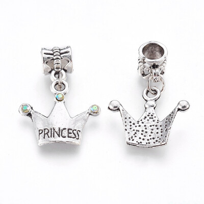 

Alloy European Dangle Beads with Rhinestone Large Hole Pendants Crown with Word Princess Antique Silver Crystal AB 28mm