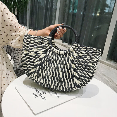 

2019 New Colorful MOON Women Summer Beach Bag FashionStraw Handbags Rattan Bag Handmade Vintage Woven Bali Handbag For Female