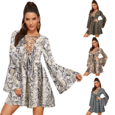 

Womens Snakeskin Print Long Sleeve Tuinc Boho Long Summer Evening Party Dresses