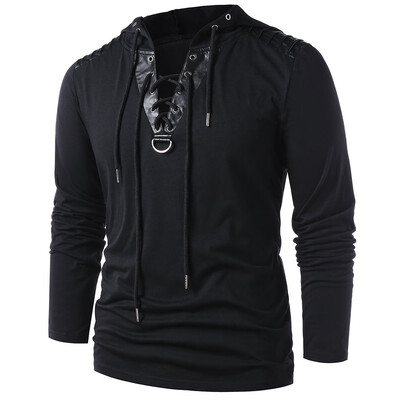 

Faux Leather Insert Lace Up Hoodie
