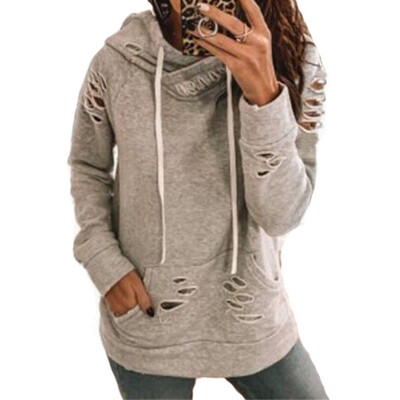 

2019 Autumn Winter Women Fashion Hooded Long sleeve Sweatshirt Hollow Pocket lacing Solid color Top