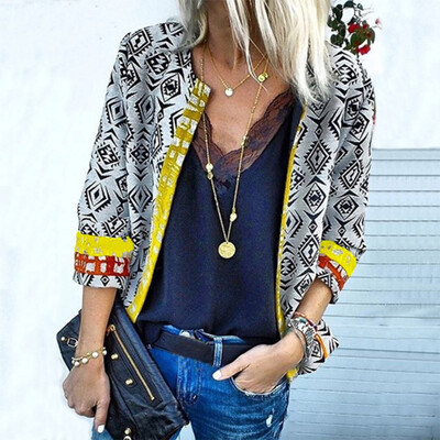

Roseonmyhand Fashion Women Elegant Three Quarter Sleeve Vintage Printed Jacket Casual Outwear