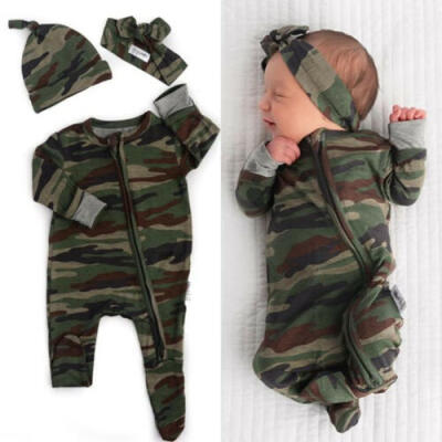 

US Newborn Baby Boy Girl Winter Clothes Camo Zipper Romper BodysuitHeadbandHat