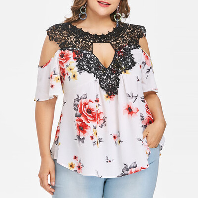 

Roseonmyhand Summer Womens Fashion Casual Print Lace V-Neck Tops Shirt