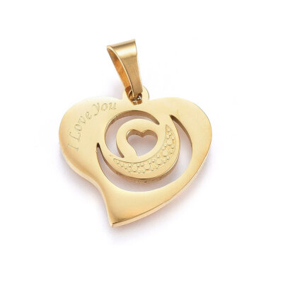 

304 Stainless Steel Pendants Heart with Word I Love You Golden 25x25x2mm Hole 9x5mm