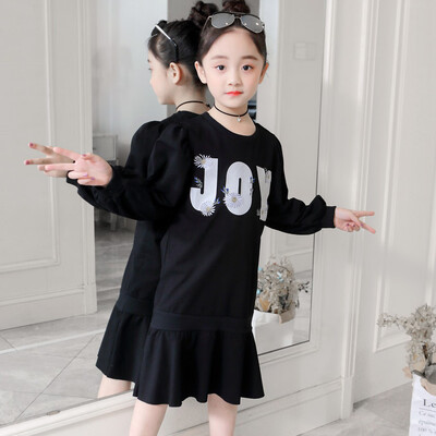 

Teen Kids Girls Long Sleeve Letter Embroider Knit Falbala Joint Princess Dress