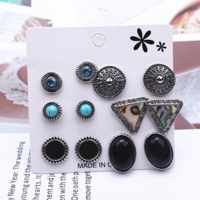 

EK402 6Pairsset European American Earring Sets Alloy Triangle Round Gem Stone Beads Totem Mixed Earrings Bohemian Retro Jewelry