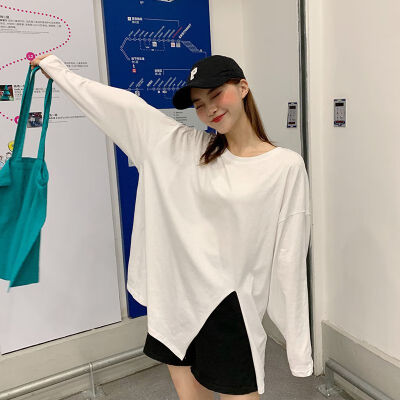 

Autumn Loose Oversized Slit T-shirt Women Long Sleeve Korean Style Sweet Solid Color O neck Steetwear Stranger Things Tee