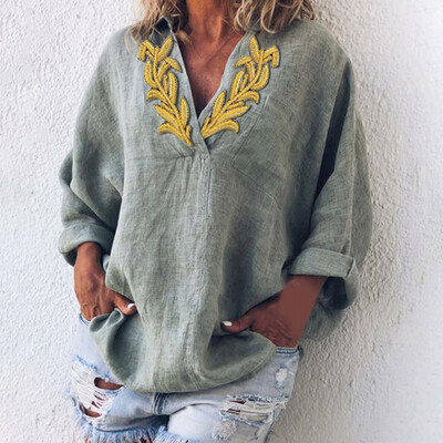 

Womens Loose Fit Blouse Embroidery Tops V-neck Casual T-shirt Long Sleeve Shirts
