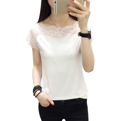 

Lace Stitching Short Sleeve Casual T-Shirt Women Tops Summer Slash Neck Tee