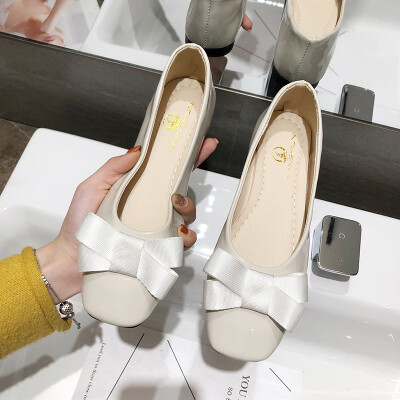 

Single Shoe Female Autumn Baitao Students Shallow Square Head Butterfly Knot Medium Rough heel Soft Girl Bean Shoe