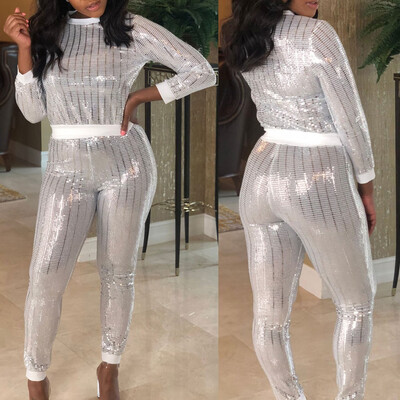 

Toponeto Women Casual Sexy Sequins Set Long Sleeve Crop Tops Pants