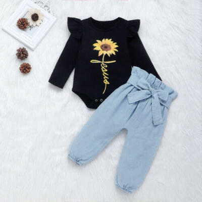 

US Baby Girl Clothes Long Sleeve Sunflower TopsBowknot Denim Pants Outfit Set