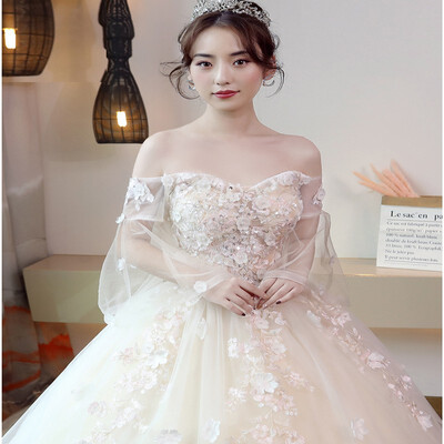 

2019 New Wedding Dress Sexy Boat Neck Princess Slim Luxury Embroidery Applique Women Wedding Ball Gown
