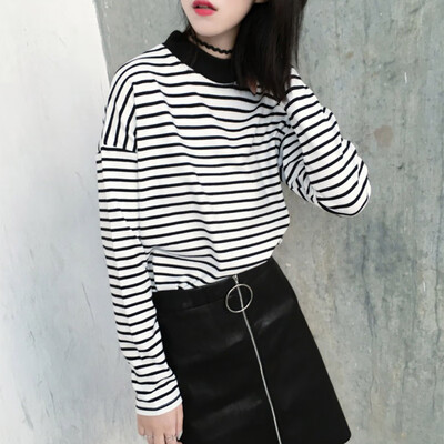 

Women Turtleneck Korean Style T Shirt Harajuku Crop Top Long Sleeved Striped Tops