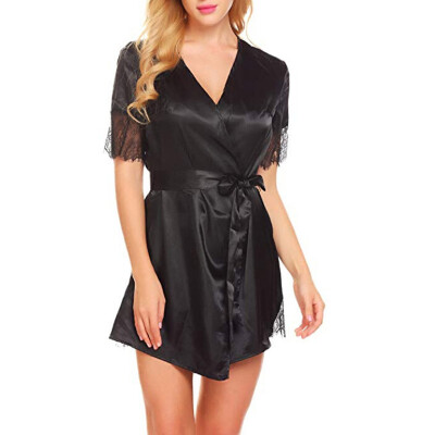 

Women Fashion Sexy Lingerie Nightdress V-neck Lace Trim Emulation Silk Pajamas