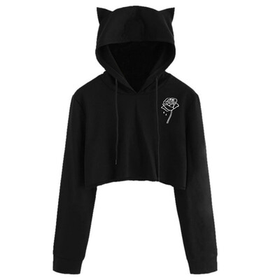 

Womens Printed Long Sleeve Jumper Hooded Loose Casual Hoodie Cat ear Cosy Polyester harajuku black KPOP moletom