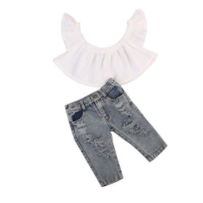 

Infant Baby Girls Off Shoulder Tops Denim Pants Jeans Outfits Clothes Playsuit