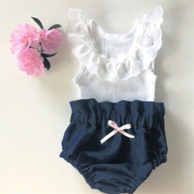 

Newborn Infant Baby Girls Outfit Clothes Lace Tank Tee TopsDenim Pants 2PCS Set