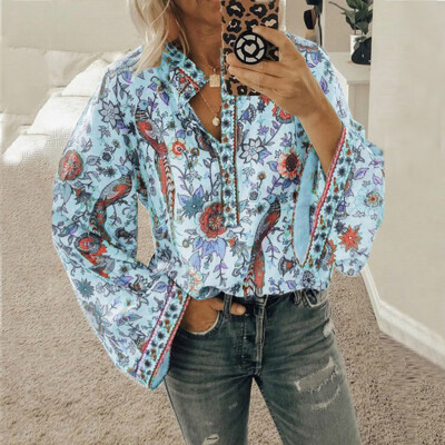 

Tailored Womens Casual Long Sleeve Floral Print V Neck Shirts Loose Blouses