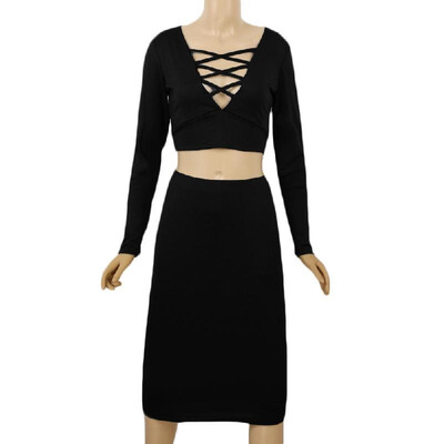 

Sexy Women Two-piece Dress Crossing Lace Up Deep V Neck Long Sleeve Tops Bodycon Mini Pencil Skirt