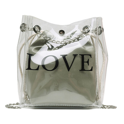 

Women Transparent Bucket Bag Letter Print Chain Shoulder Bags Ladies Clear PVC Jelly Crossbody Messenger Bag T2G