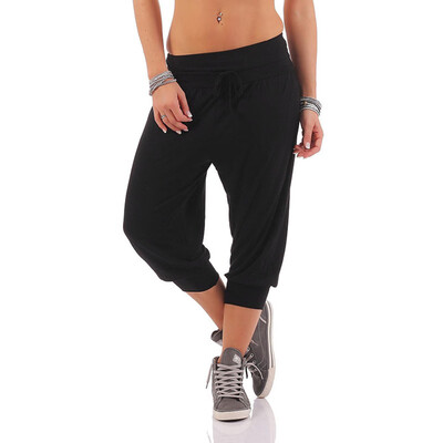 

Tailored Women Solid Threaded Trousers with Loose Bandwidth Carf-Length Sport Pants