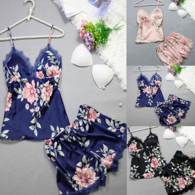 

Women Satin Silk Sleepwear Lace V Neck Tops Long Pants Pyjamas Set