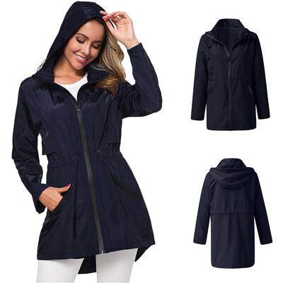 

Roseonmyhand Women Solid Rain Jacket Outdoor Plus Size Waterproof Hooded Windproof Loose Coat