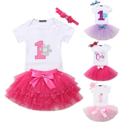 

Newborn Baby Girl First Second Birthday Romper Party Bow Dress Skirt 3Pcs Outfit