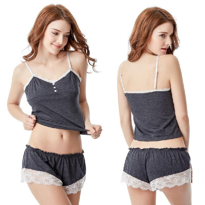 

Women Sleepwear Two Piece Set Cami Top Shorts V Neck Spaghetti Strap Sleeveless Lace Buttons Pajama Suit