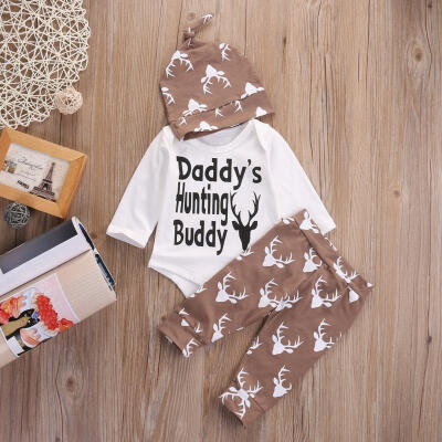 

New Hot Infant Baby Boys Christmas Clothes Set Kids Fashion Long Sleeve Deer Letter Tops Long Pants with Hat Xmas Romper Outfi