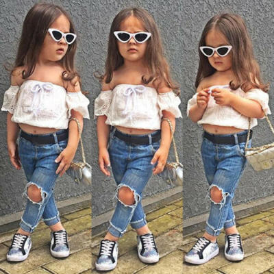 

US Stock Kids Baby Girl Summer Clothes Off Shoulder TopsJeans Pants 2PCS Outfit