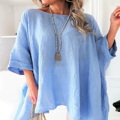 

Solid Trim Rolled Three-quarter Sleeves Loose Type Shirt