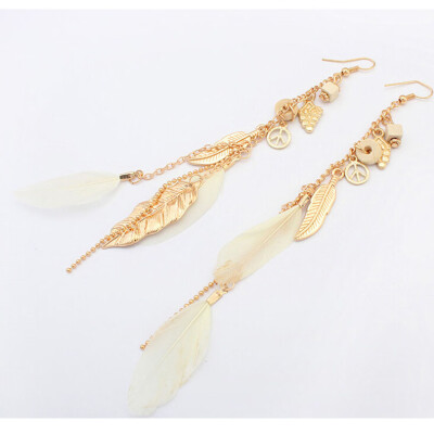 

Europe&The United States Jewelry National Earrings Female Leaves Tassel Earrings Feather Tassels Long Earrings