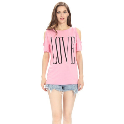

LOVE Letter Print Off Shoulder Short Sleeves O-neck Casual T-shirt Female Summer Loose Fashion Women Tops WhiteBlackGrayPink