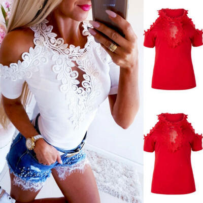 

US Womens Lace Short Sleeve T-shirt Fashion Casual Cold Shoulder Blouse Tops