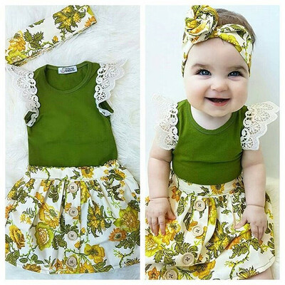 

3pcsset girl skirt sets Summer Baby Newborn Girl Flare Sleeve Romper Floral Pattern Short Skirts Headband Costume
