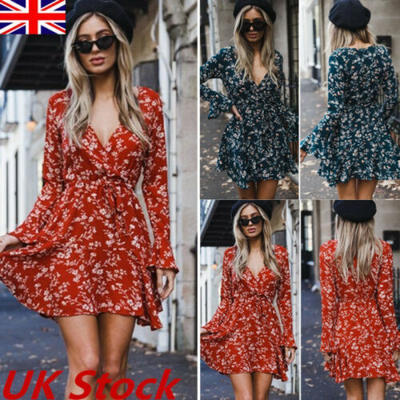 

V-Neck Summer Spring Vintage Dress Women Tunic Long Sleeve Floral Print Dresses